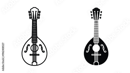 Contrasting black and white illustrations of traditional stringed musical instruments.