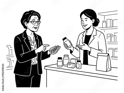 Woman Consulting Pharmacist About Medicine and Health Advice