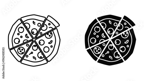 Contrast of classic and black style pizza slices with toppings in a minimalist design