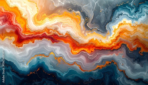 An abstract design showcases flowing waves of color. Bold reds, oranges, and golds mix with grays and blues to create a dynamic effect