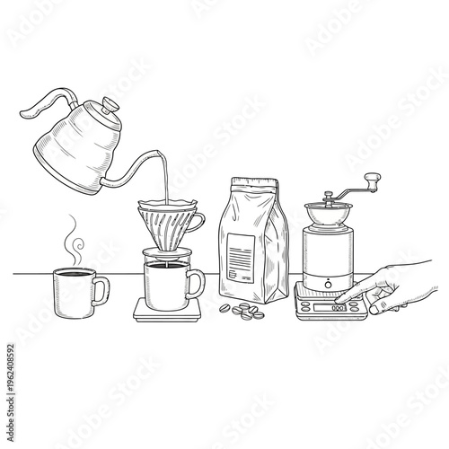 Pour Over Coffee Brewing Process: Kettle, Dripper, Beans, Grinder, Scale, Cup