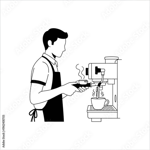 Barista making espresso coffee with machine, steam rising from cup, close-up