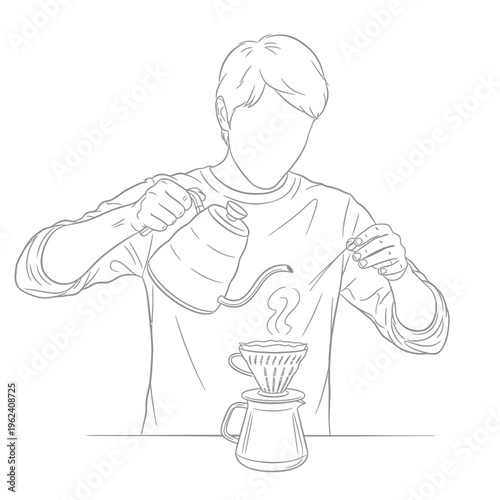Barista pouring hot water on coffee grounds in a pour-over dripper, preparing coffee.