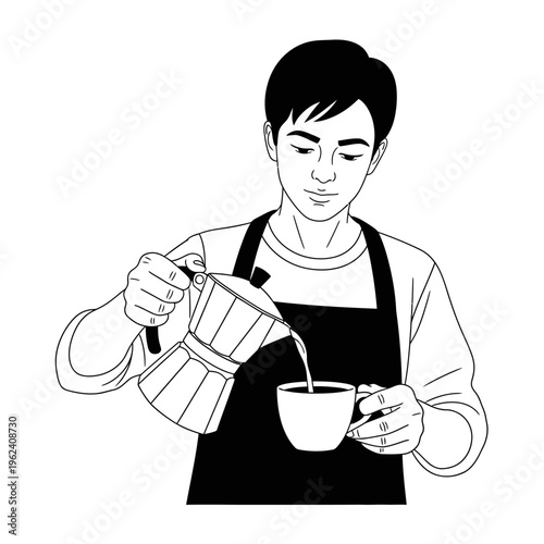 Barista pouring coffee from moka pot into cup, preparing espresso, black and white illustration
