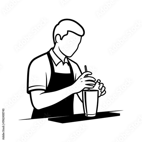 Bartender preparing a drink with a straw in a glass, wearing an apron