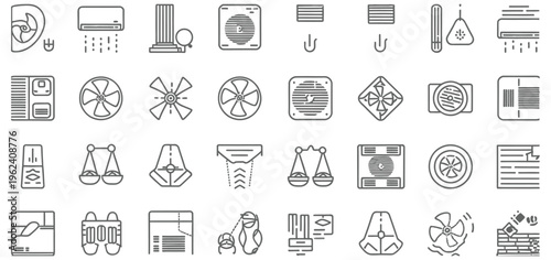 Collection of line icons for air conditioning, ventilation, and climate control