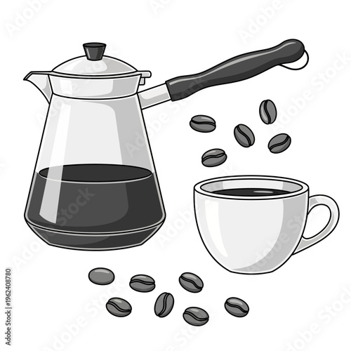 Coffee Pot and Cup with Beans