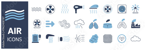 Air icons collection: wind, fans, lungs, factory, and weather symbols.