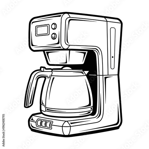 Drip coffee maker with glass carafe and digital display, black and white line art illustration