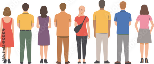 Standing group illustration, rear view people, diverse clothing styles, casual fashion, social diversity artwork, modern flat design, collective perspective