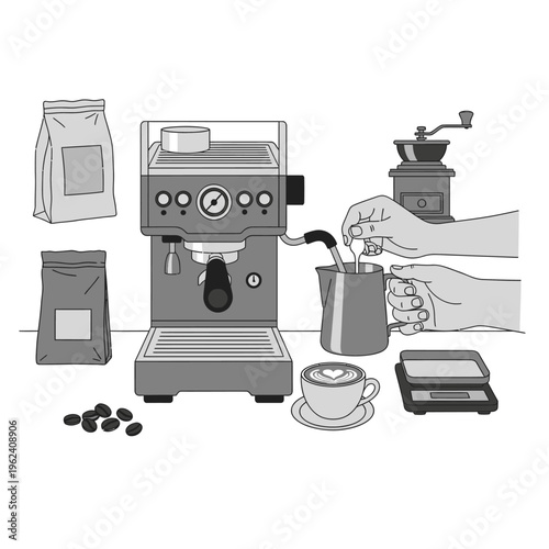 Espresso machine, coffee beans, grinder, and latte art - coffee preparation process