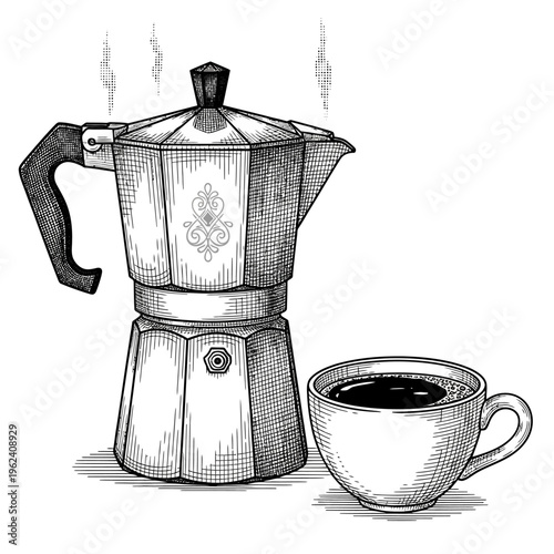 Espresso Maker and Coffee Cup: Vintage Style Illustration