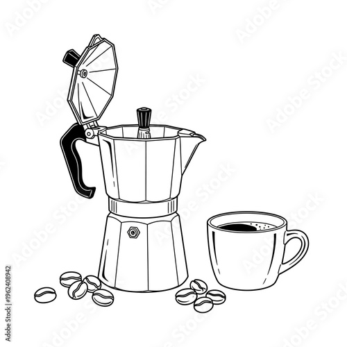 Espresso Moka Pot and Coffee Beans Illustration