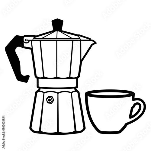 Espresso Moka Pot and Cup - Black and White Line Art Illustration