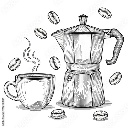 Espresso Moka Pot Coffee Maker with Steaming Cup and Beans, Vintage Sketch Style