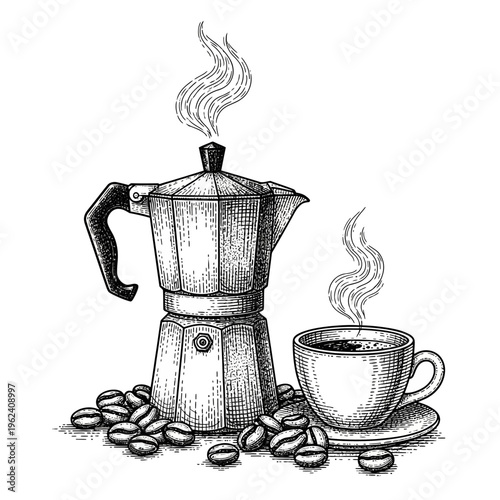 Espresso Moka Pot with Coffee Beans and Steaming Cup