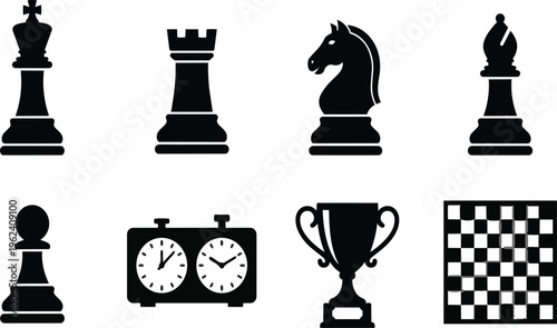 A silhouette of chess pieces and a trophy on transparent background