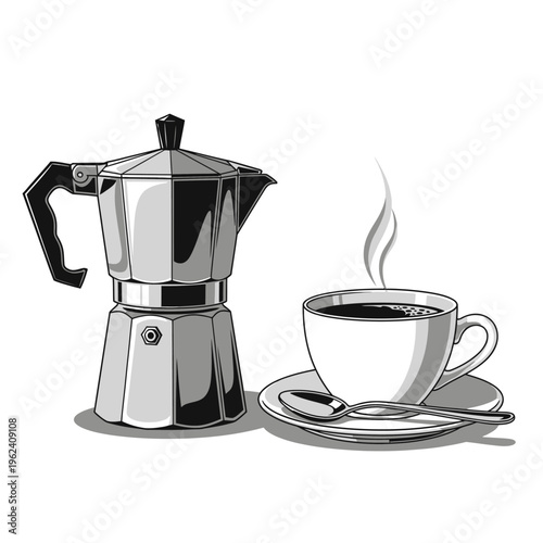 Moka Pot Coffee Maker and Steaming Cup of Coffee on Saucer with Spoon