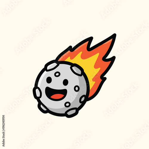 A cartoon depiction of a smiling celestial object, trailed by flames against a pale background. The smiling shape has craters