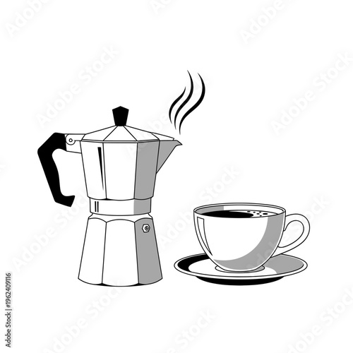 Moka Pot Coffee Maker and Steaming Cup of Coffee on White Background