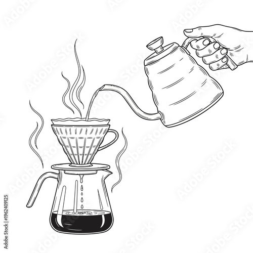 Pour Over Coffee Brewing: Hand Pouring Hot Water into Dripper for Fresh Coffee