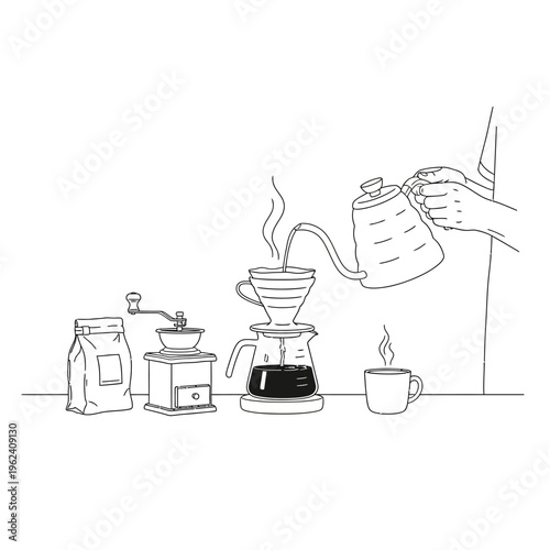 Pour Over Coffee Brewing: Hand Pouring Hot Water into Dripper, Coffee Grinder, Beans, and Cup