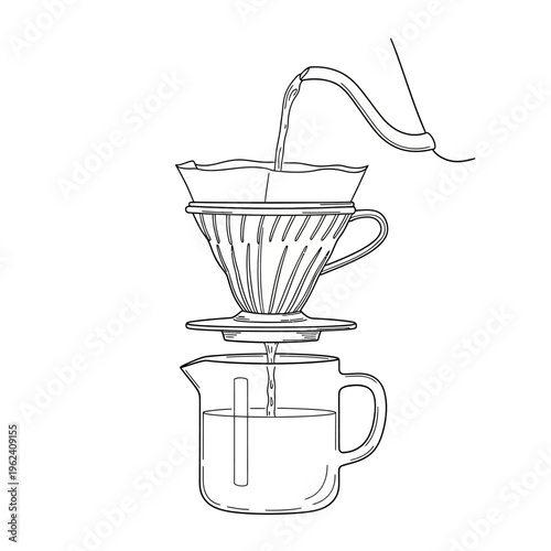 Pour Over Coffee Brewing: Hot Water Pouring into Dripper with Filtered Grounds into Carafe