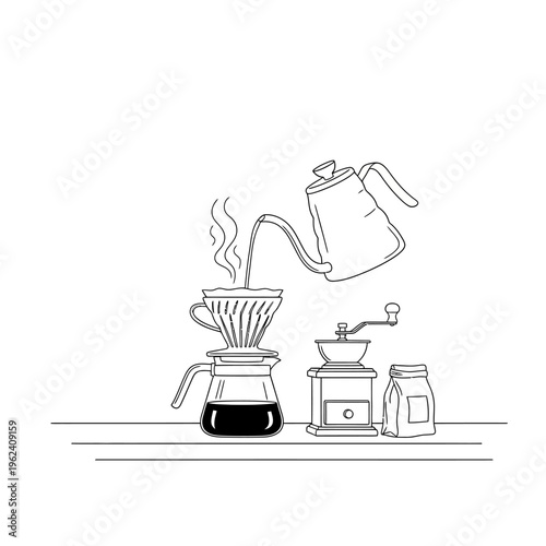 Pour Over Coffee Brewing: Kettle Pouring Hot Water into Dripper, Grinder, and Beans