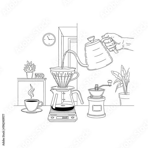 Pour Over Coffee Brewing Process: Hand Pouring Water into Dripper, Fresh Coffee