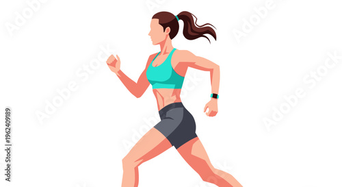 Woman in teal sports bra and gray shorts running with ponytail and fitness tracker on her wrist.