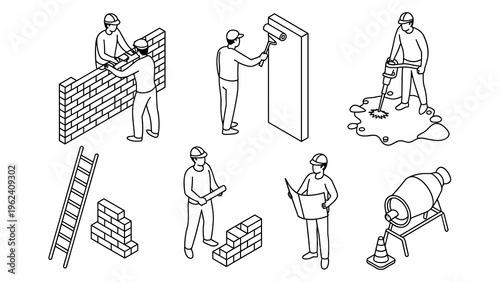 Isometric Construction Workers Line Art Set – Builders Laying Bricks, Painting Walls and Drilling Activities