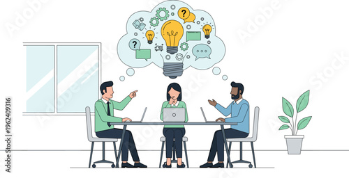Diverse team brainstorming meeting in modern office with creative ideas in thought bubble in minimalist colorful illustration for business and teamwork