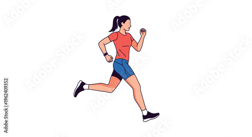 A woman wearing workout clothes is running quickly on a plain background.