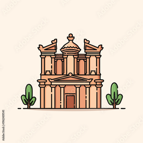 A symmetrical, flat design of a grand, ancient facade with columns and elaborate detailing, flanked by stylized trees