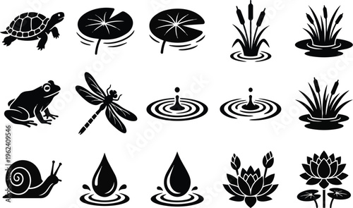 A set of black silhouettes of pond and water icons on transparent background