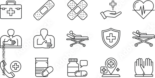 Medical and healthcare line icon set featuring first aid kit bandage heartbeat stretcher pharmacy and emergency call service symbols.