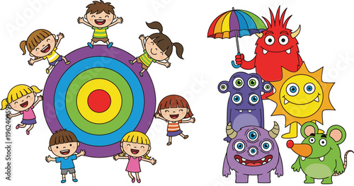 Happy Kids Playing with Colorful Target and Funny Monsters Characters, Sun, and Umbrella Cartoon Vector Illustration Set