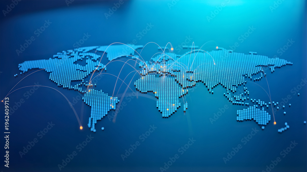 Naklejka premium Dynamic Digital World Map with Illuminated Global Network Connections, Symbolizing International Data Transfer, Modern Business Communication, and Technological Advancement Across Continents
