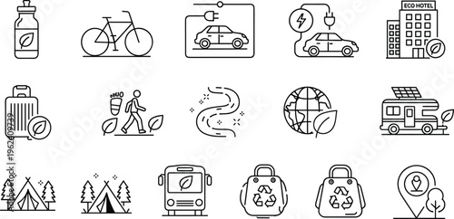 Sustainable travel and eco friendly tourism line icon set featuring green transportation camping recycling and renewable energy solutions.