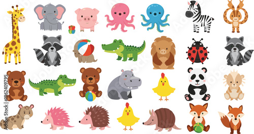 Cute Cartoon Animal Collection with Wild Forest, Jungle, Farm, and Sea Creatures for Kids Vector Illustration Set