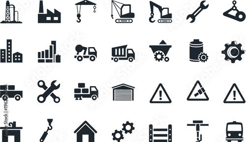 Black and white line of various and activities including furniture transportation tools and sports equipment