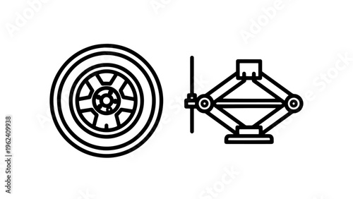 Car wheel and automotive scissor jack outline icons