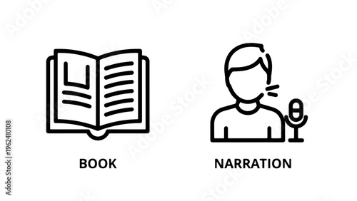 Book reading and audio narration outline icons for content