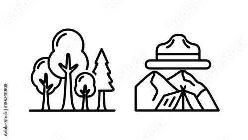Forest landscape and park ranger camping outline icons nature set