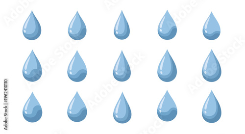 Set of blue water drops featuring clean liquid droplets and fresh rain icons in a clear aqua vector design