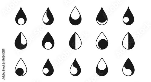 Vector illustration of a set of red blood and liquid droplets including water and oil icons for a clean nature design featuring clear drip reflections and wet ink symbols