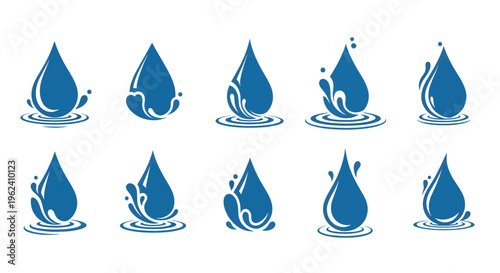 A clean set of blue water drops and liquid rain droplets in a clear aqua vector illustration for nature and ecology design