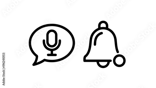 Voice message and notification bell vector outline icons set