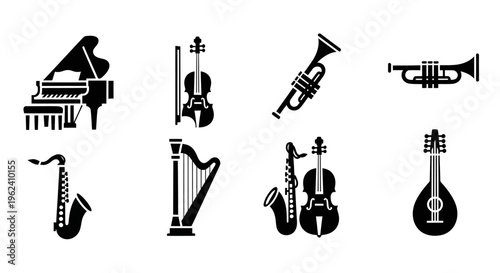 Hand drawn vector set of musical instruments and construction tools illustration featuring a collection of music icons and equipment symbols in a black silhouette sketch art design