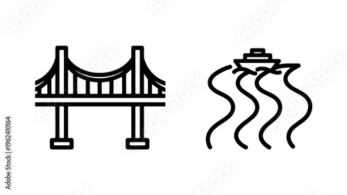 Suspension bridge and boat on water vector travel icons set